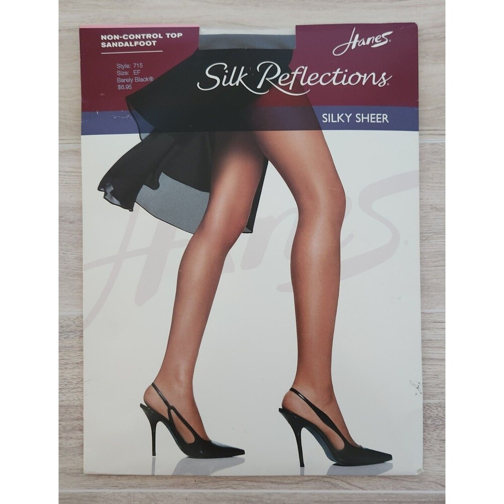 Hanes Silk Reflections Silky Sheer Pantyhose Size EF Barely Black Sandalfoot